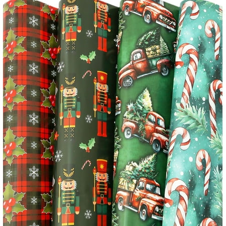 U'COVER Christmas PresNok Paper - Red Green Xmas Gift Paper Sets 8 Large Sheet Holiday Gift Wrap for Men Kids Boys - Nutcracker, Buffalo Plaid, Vintage Truck, Tree, Candy Cane 27 X 37inch