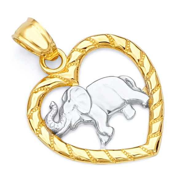 Wellingsale 14K Two 2 Tone White and Yellow Gold Polished Diamond Cut Ornate Heart Shaped Elephant Wildlife Pendant