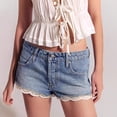 thumbnail image 5 of Womens Low Waisted Jean Shorts Lace-Paneled Denim Shorts Stretchy Summer Short Pants Blue S, 5 of 6