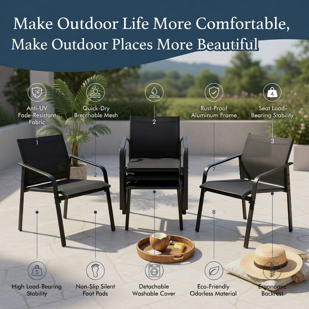 Hommoo 4-Piece Modern Patio Furniture Set, Steel Frame Outdoor Loveseat, 2 Armchairs + Tempered Glass Table, Weather-Resistant, Easy Assembly, Black