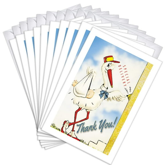 Stork Baby Shower Thank You Greeting Cards | 10 Pack Bulk Set (4x6)