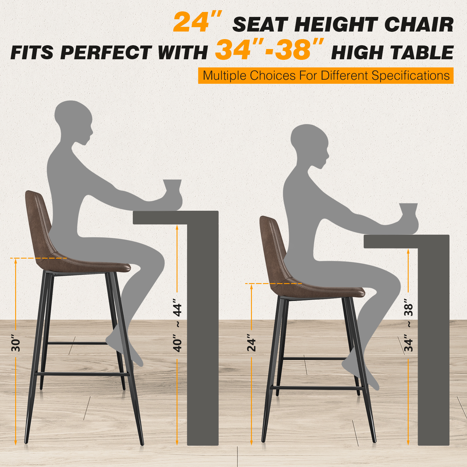 TAVR Furniture 600 lbs Counter Height Bar Stools Set of 3, 24 inch Faux Leather Barstools with Back, Bar Chairs with Metal Legs for Kitchen Island, Dining Room, Brown