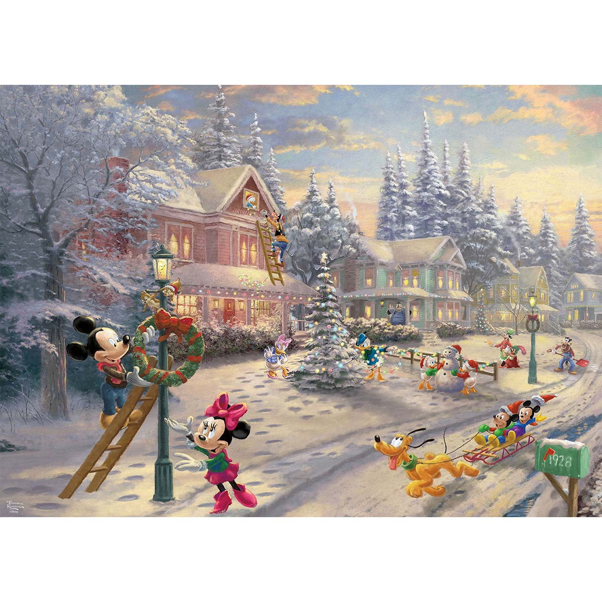 Disney Mickey Mouse Thomas Kinkade Victorian Christmas 1000 Puzzle BONUS Poster 