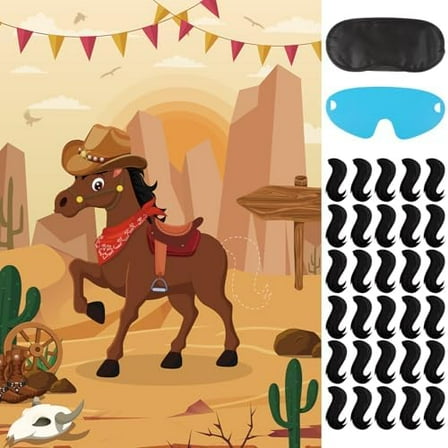 Pin The Tail On The Horse Game with 30 Pcs Tails Large Western Cowboy Horse Games Poster for Kids Cowboy Party Favor Western Birthday Party Carnival Party Supplies$$Home Decor, Kitchen, & Other