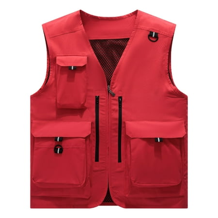 YLSDY Men s Multi-Pocket Quick Dry Breathable Vest Lightweight Outdoor Sports Fishing Hiking Travel Waistcoat Plus Size Red L