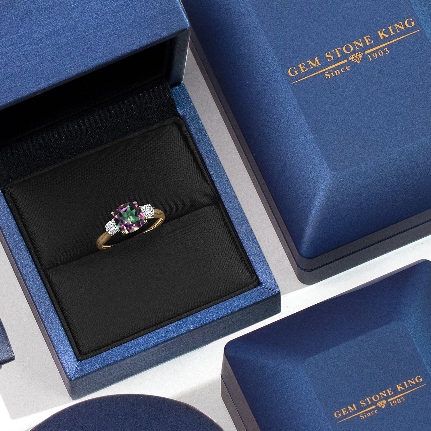 Gem Stone King 10K Yellow Gold Green Mystic Topaz and White Moissanite 3-Stone Engagement Ring for Women | 2.26 Cttw | Cushion 7MM | Gemstone November Birthstone | Available in Size 5, 6, 7, 8, 9