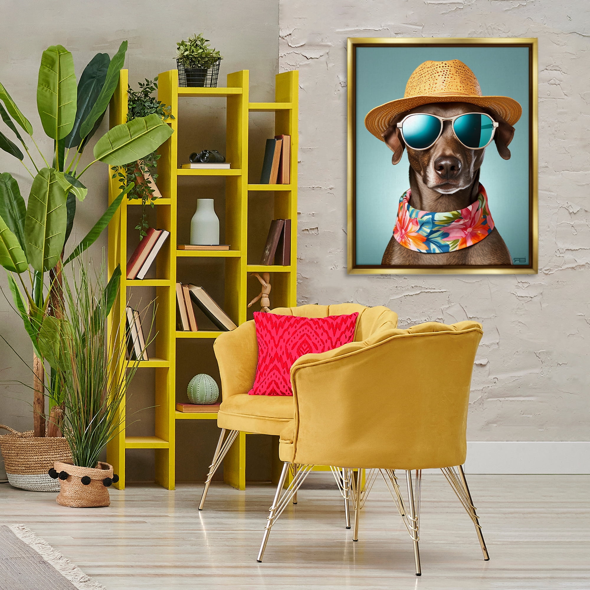 Stupell Industries Beach Ready Pup Animals & Insects Painting Gold Floater Framed Canvas Art Print Wall Art, 25 x 31