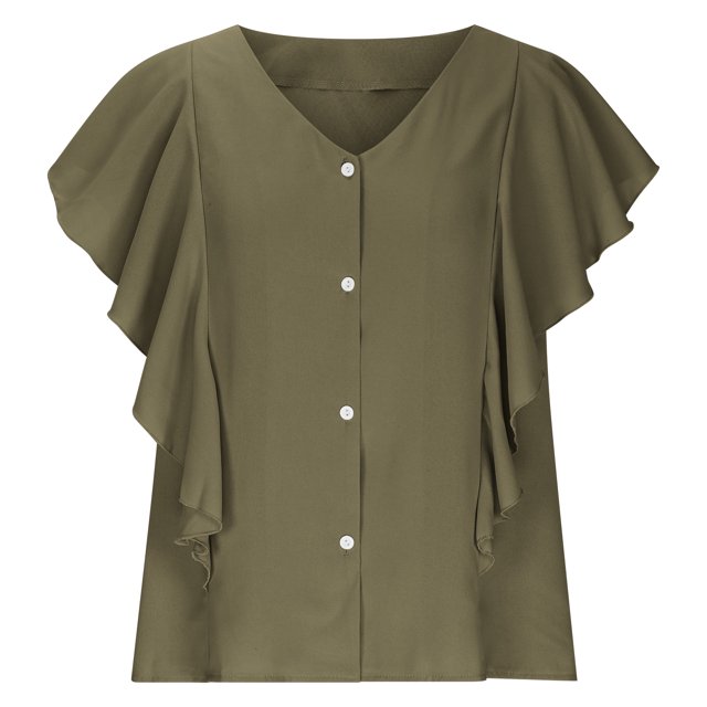 Plebaso Womens Button down Shirts Chiffon Ruffle Short Sleeve V Neck Casual Blouses Solid Color Dressy Tops