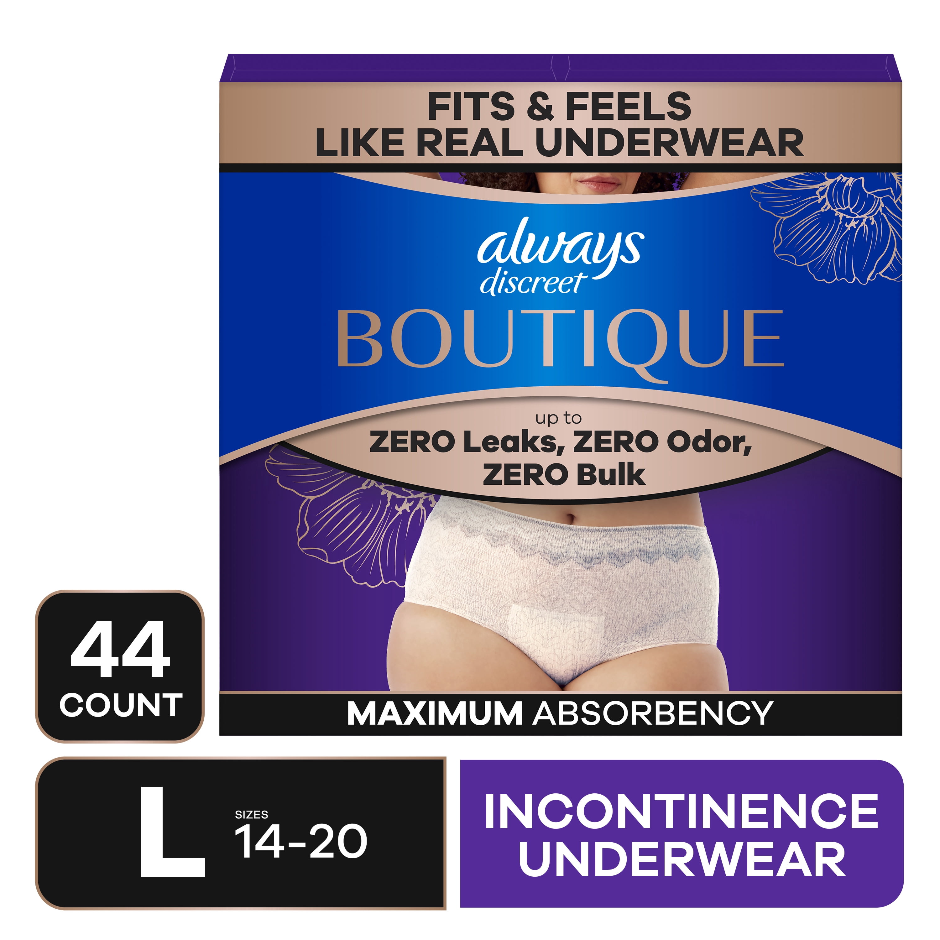 (2 pack) Always Discreet Boutique Incontinence & Postpartum Women's Underwear, Maximum Protection, Large, Rosy, 44 Count