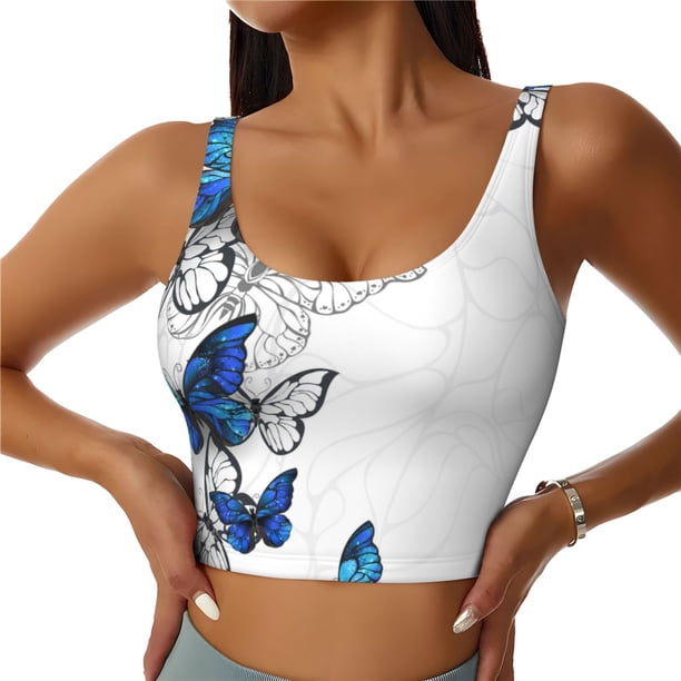 Fotbe Blue Flying Butterflies Sujetador Deportivo Largo sin Aros para Mujer con Almohadillas y Soporte Medio, Transpirable y Absorbente, Camiseta Tipo Chaleco o Tank Top-Small