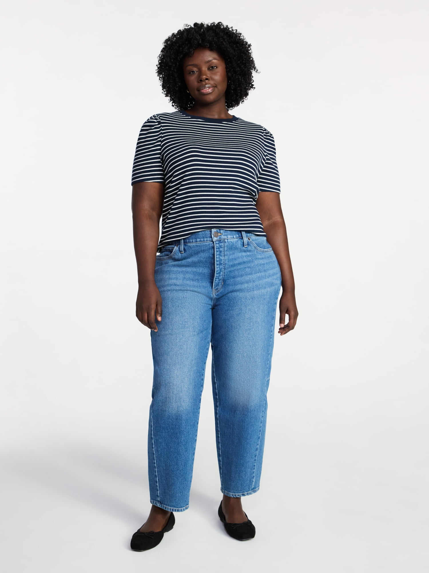 Terra & Sky Women's Plus Size Crewneck Top with Short Puff Sleeves, Size 0X-4X