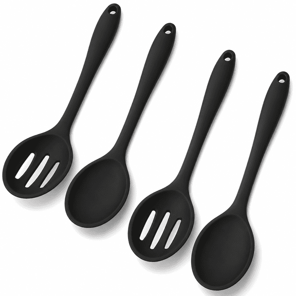 4 Pcs Silicone Spoons for Cooking 10.6 Inch Large Nonstick Serving Spoons Heat Resistant Slotted Spoon for Mixing & Stirring Kitchen Cooking Utensils,Dishwasher Safe(Black)