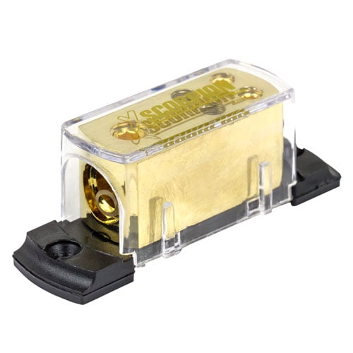 GOLD Ground Distribution Block Two 0/2 Gauge Wire AWG 12v Inputs 8ga output 