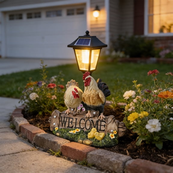 Hovilon Solar Powered Rooster and Hen Garden Statue, LED Lighted Chicken Figurine Decor, Weatherproof Resin Animal Lawn Ornament, Rustic Farmhouse Memorial Gift with Auto On/Off Sensor