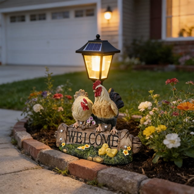 Lámparas Solares De Resina Estatua de jardín solar con forma de gallo y gallina, de resina, con luz LED, para decoración de patios, jardines y caminos (multicolor, 1 pieza). Rkxzt