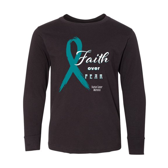 Inktastic Faith Over Fear Ovarian Cancer Awareness with Teal Ribbon Long Sleeve Youth T-Shirt