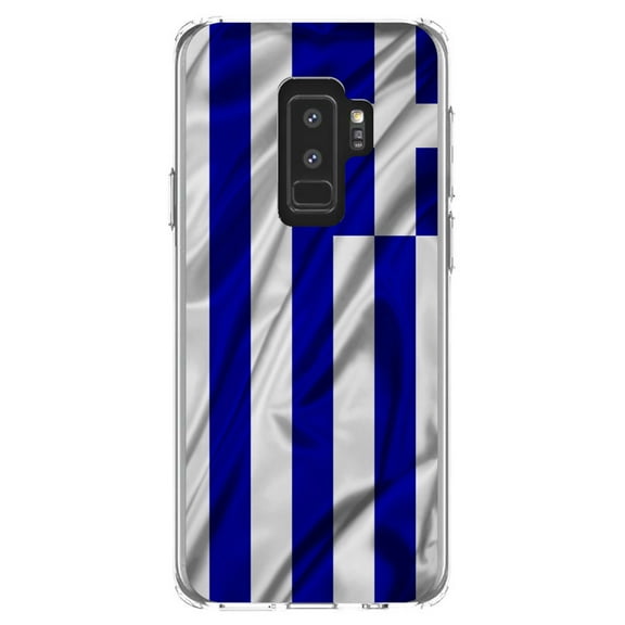 DistinctInk Clear Shockproof Hybrid Case for Samsung Galaxy S9  PLUS (6.2" Screen) - TPU Bumper, Acrylic Back, Tempered Glass Screen Protector - Greece Waving Flag