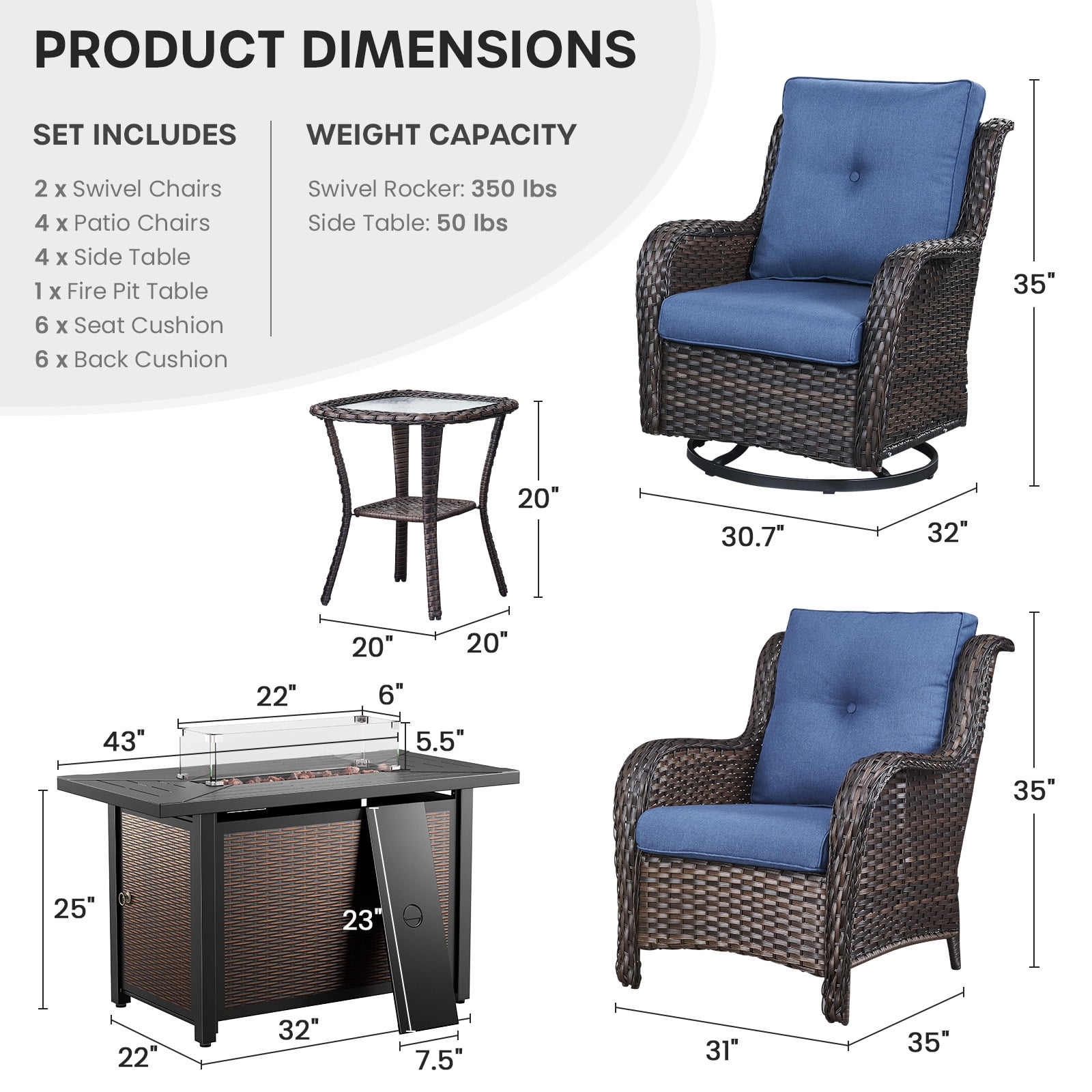 Bellefurn 11 Pieces Patio Furniture Sets with Fire Pit and Swivel Rocker Chairs,Outdoor Furniture with Fire Pit and Side Table Outdoor Conversation Set for Porch Deck Backyard Poolside