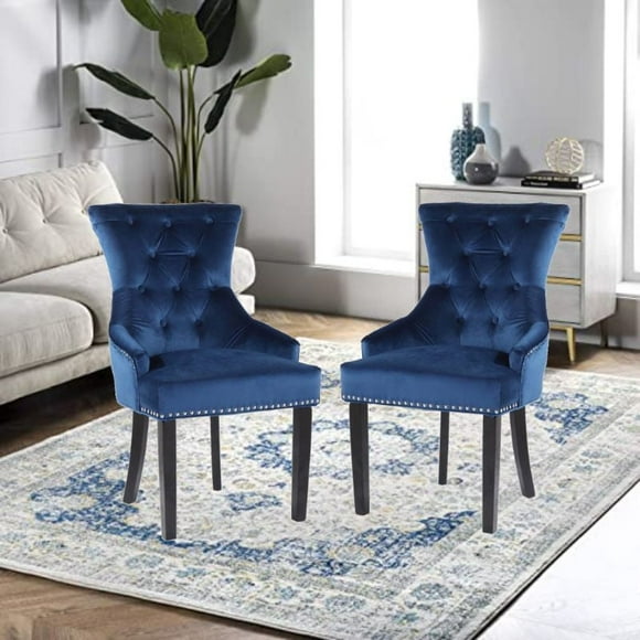 Bella Chair in Blue, Nailhead trim and Tufted back Dining Chair, Velvet Upholstery Dining Chair for Kitchen and Living Room- Set 2