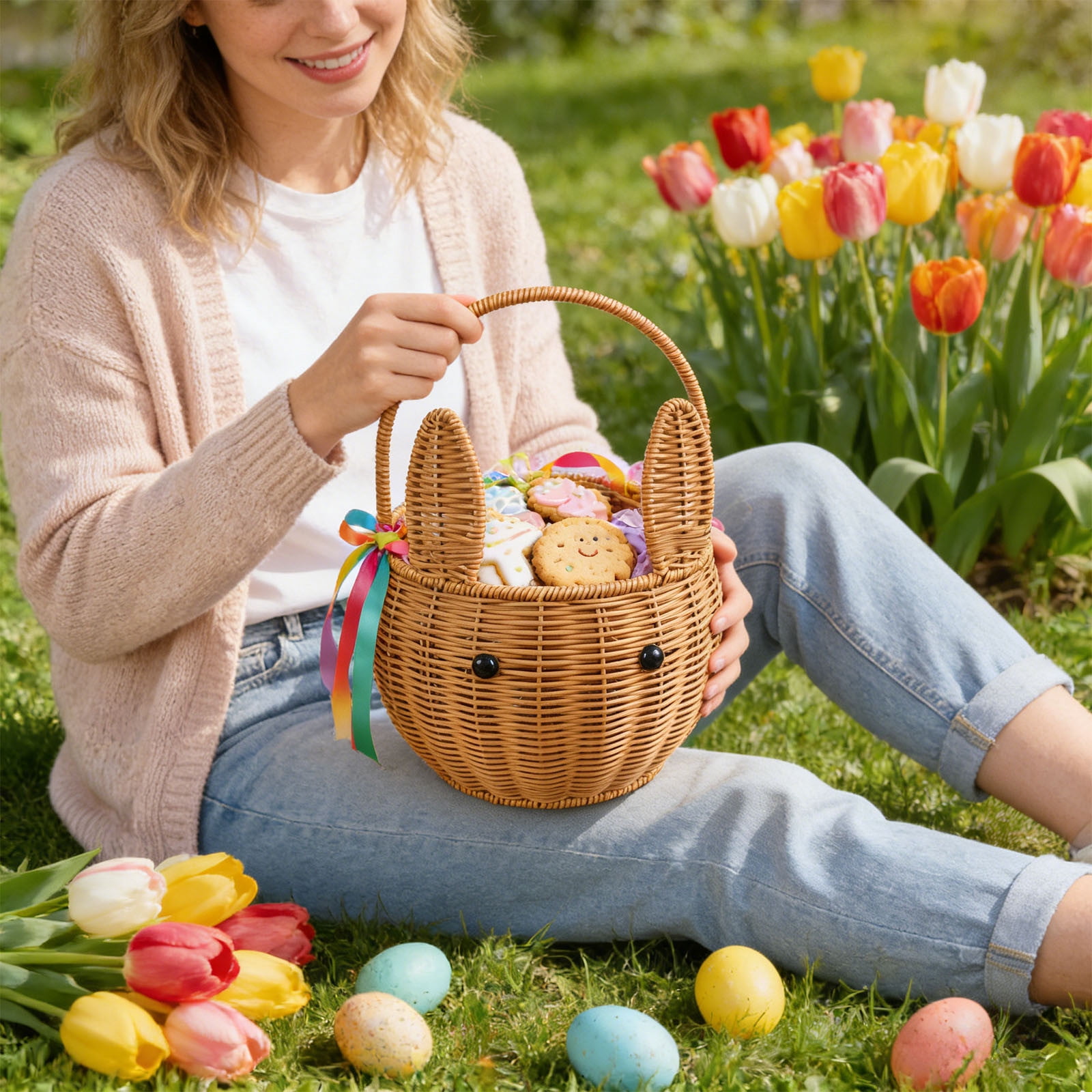AuroraX Easter Bunny Baskets with Handle,Large Storage Wicker Baskets for Home Decor,Desk Party Easter Supplies Brown