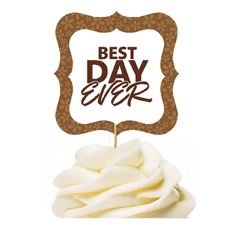12pack Best Day Ever Brown Flower Cupcake Desert Appetizer Food Picks for Weddings, Birthdays, Baby Showers, Events &
