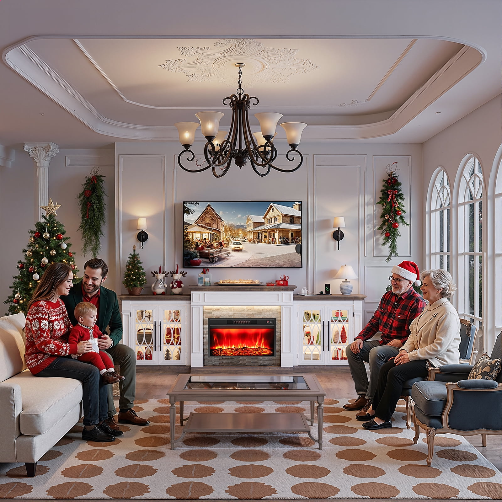 Holliwill 104" Fireplace TV Stand with 30" Electric Heater & LED Lights & Power Outlets, Modern Farmhouse Entertainment Center with Storage Cabinet for Living Room, Fireplace with Mantel, White Brown