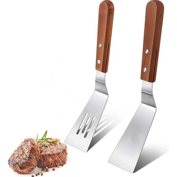 2Pcs Metal Spatulas Set, Metal Spatula for Cast Iron Skillet, Cooking Utensils Fish Egg Grill Spatula Stainless Steel Slotted Spatula, Wok Flat Top Small Metal Spatula Turner with Wood Handle