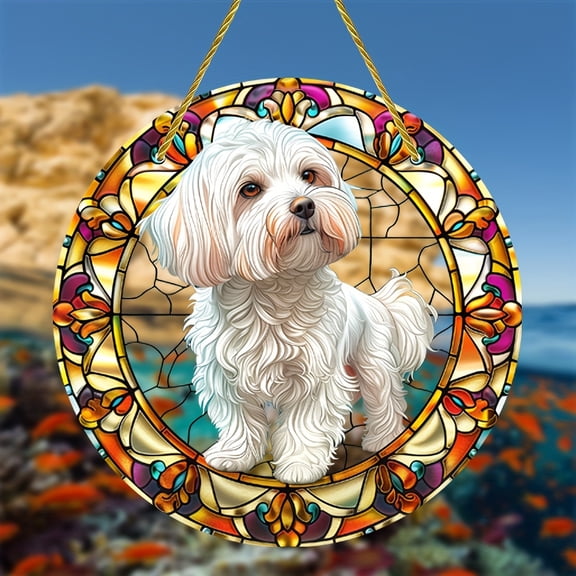HELLOYOUNG 2D Maltese Dog Sun Catcher Acrylic Stained Glass Window Decor  Acrylic Ambient Color Capture Pendant  Indoor Outdoor Wall Hanging Birthday Gift for Home Garden