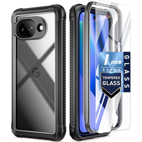 Poetic Guardian Case for Google Pixel 10A 5G (2026), Wireless Charge| Tempered Glass Screen Protector | 20FT Mil-Grade Drop Tested, Full Body Shockproof Rugged Clear Cover for Pixel 10A, Black/Clear