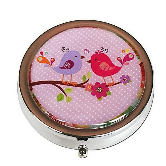 Pretty Pink Little Birdies Silver Three Section Pocket/Purse/Travel Pill Box Case