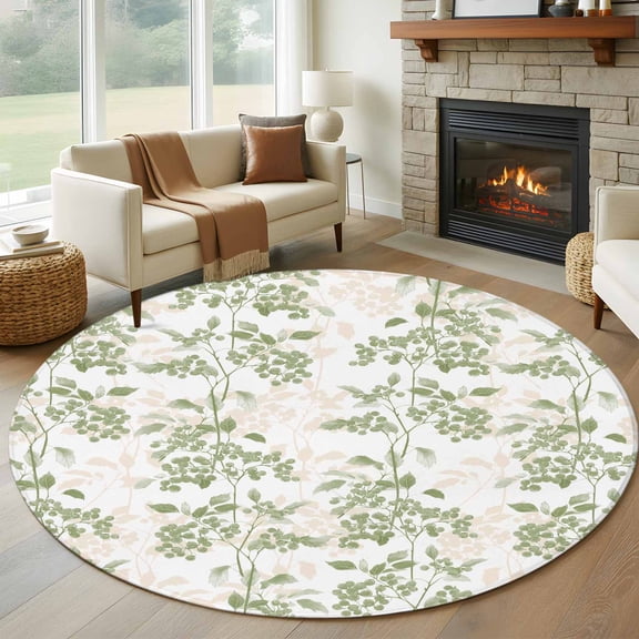 8ft Round Rug, Sage Green Fruit Non-Skid Rubber Backing Large Area Rugs - Living Room Bedroom Home Office, Vintage Plant Nature Botanical Flower Indoor Floor Mat Carpets Washable Rug