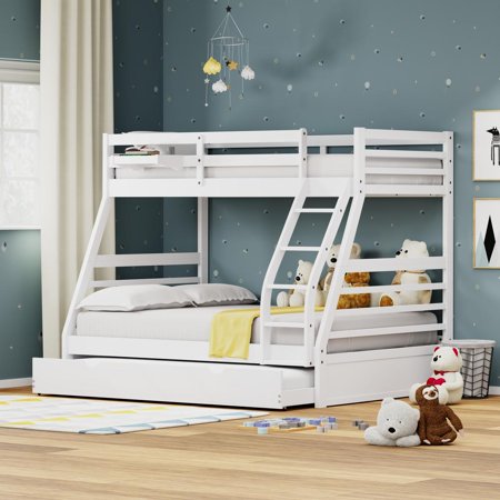 Glenwillow Home Plana Wood Twin/Full Bunk Bed  Hanging Nightstand & Trundle - White