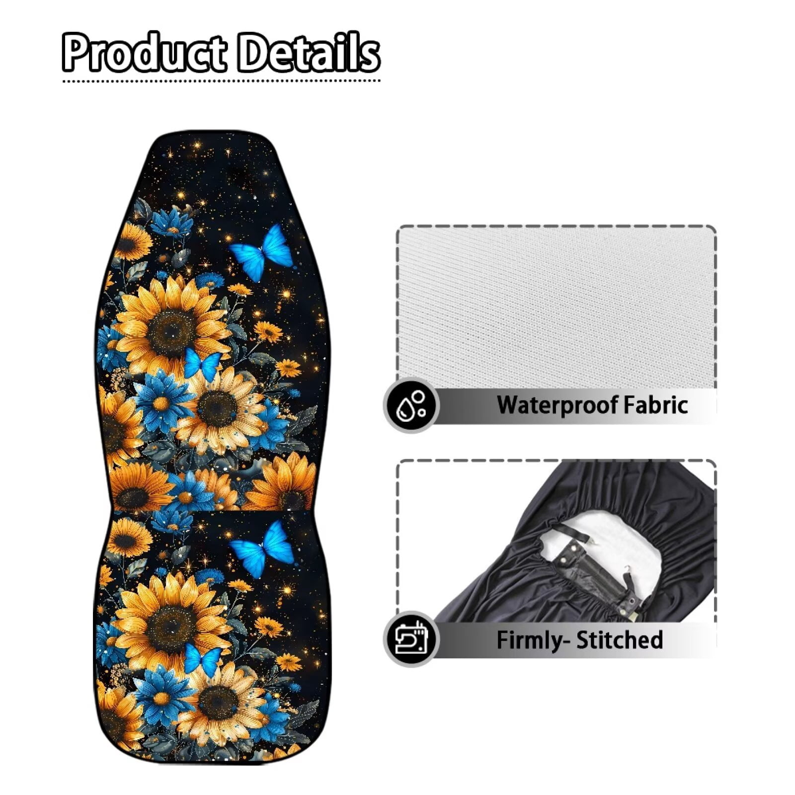 Uorisanigo Car Seat Covers Waterproof Blue Butterfly Sunflower Car Seat Cover for Front Seats Set of 2 Anti-Slip Back Fabric Easy to Install and Clean Universal for Auto Truck Van SUV