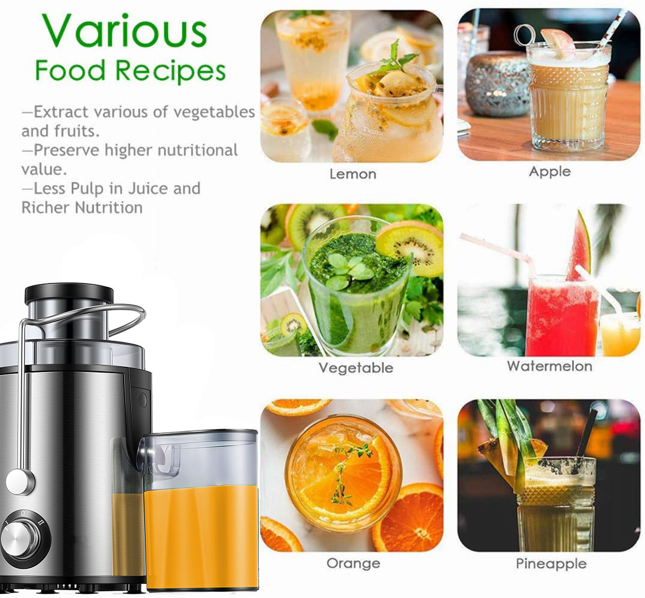 Juilist Centrifugal Juicer Machine with 3'' Wide Mouth, 2 Speeds, 400 Watts, Anti-Drip