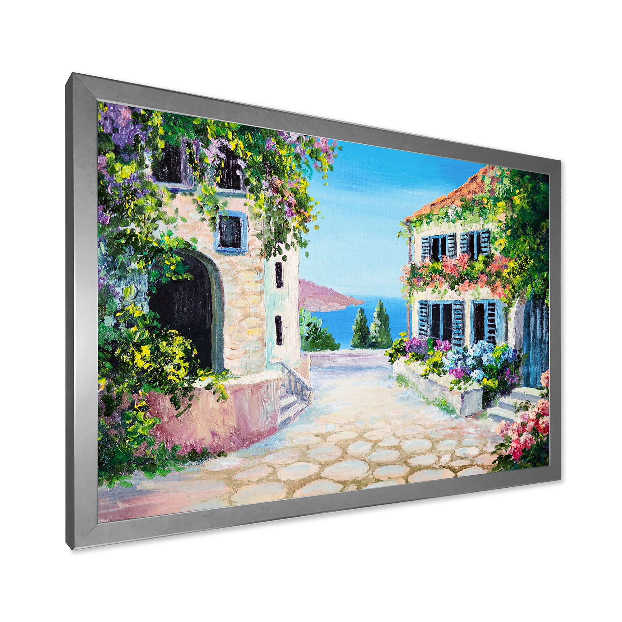 Designart 'Blossoming Flowers With White Houses With Near The Sea' Nautical & Coastal Framed Art Print