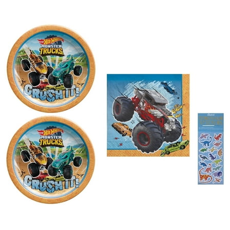 Monster Trucks Birthday Party Supplies Bundle includes 16 Paper Plates 7", 16 Paper Napkins 6.5", 1 Dinosaur Sticker Sheet