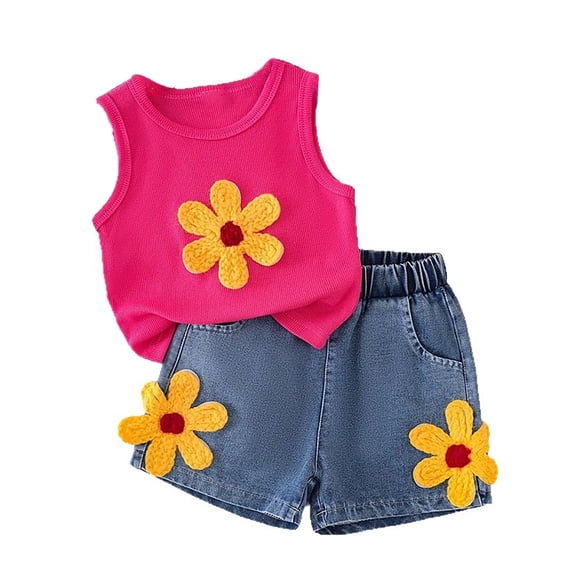CUZIBR Summer Outfits For Toddler Girls Kids Bright Sunflower Knit Sleeveless Round Neck Tank Top And Denim Shorts For Little Girls Lightweight Cute Textured Clothes Short Sets,Hot Pink,5-6 Years