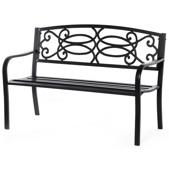 Steel Outdoor Patio Garden Park Seating Bench with Cast Iron Scrollwork Backrest, Front Porch Yard Bench Lawn Decor