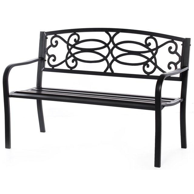 Steel Outdoor Patio Garden Park Seating Bench with Cast Iron Scrollwork Backrest, Front Porch Yard Bench Lawn Decor