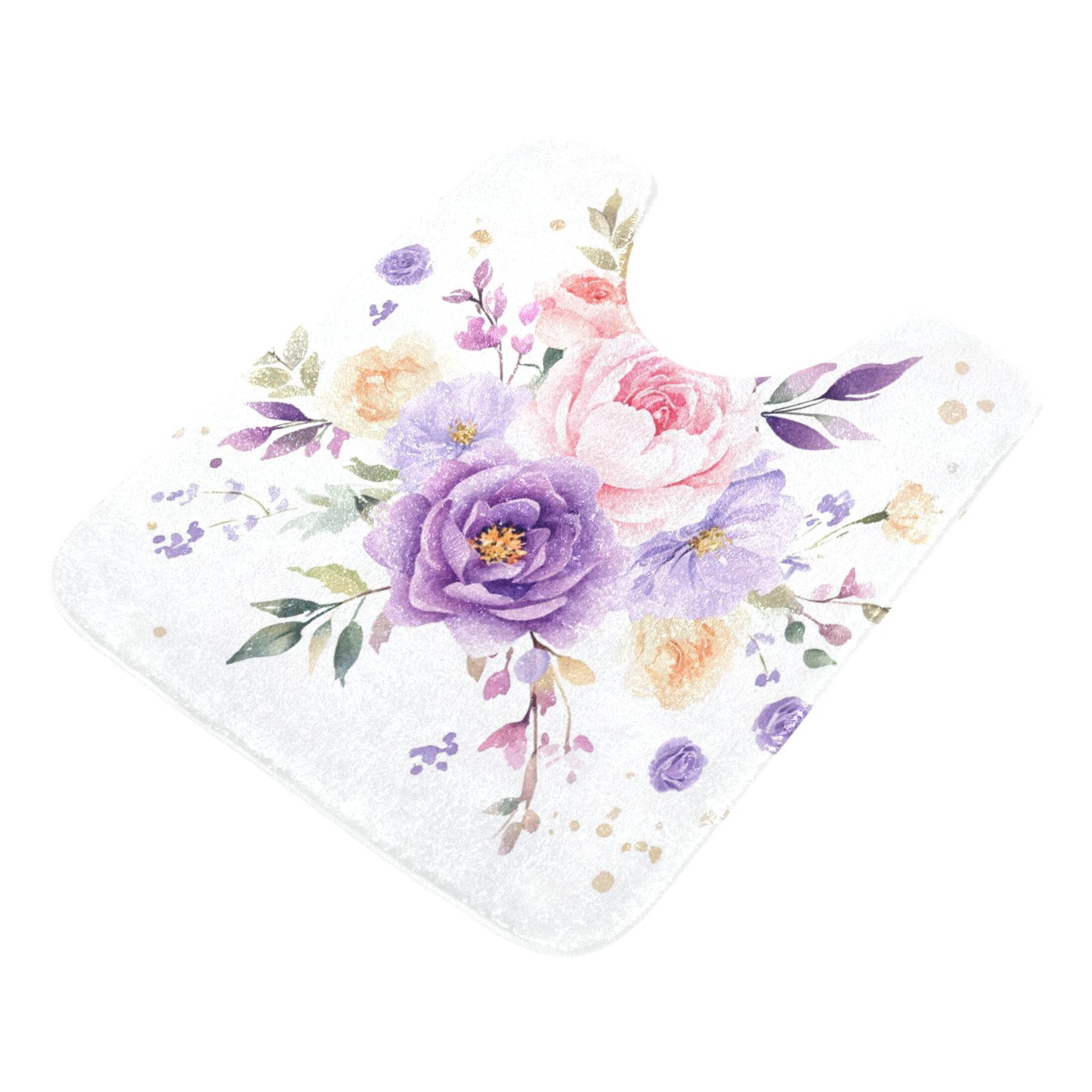 2 Piece Soft Bathroom Rug Set Purple and Pink Roses Bath Mat and U-Shaped Toilet Contour Rug (16"x24"+20"x24")