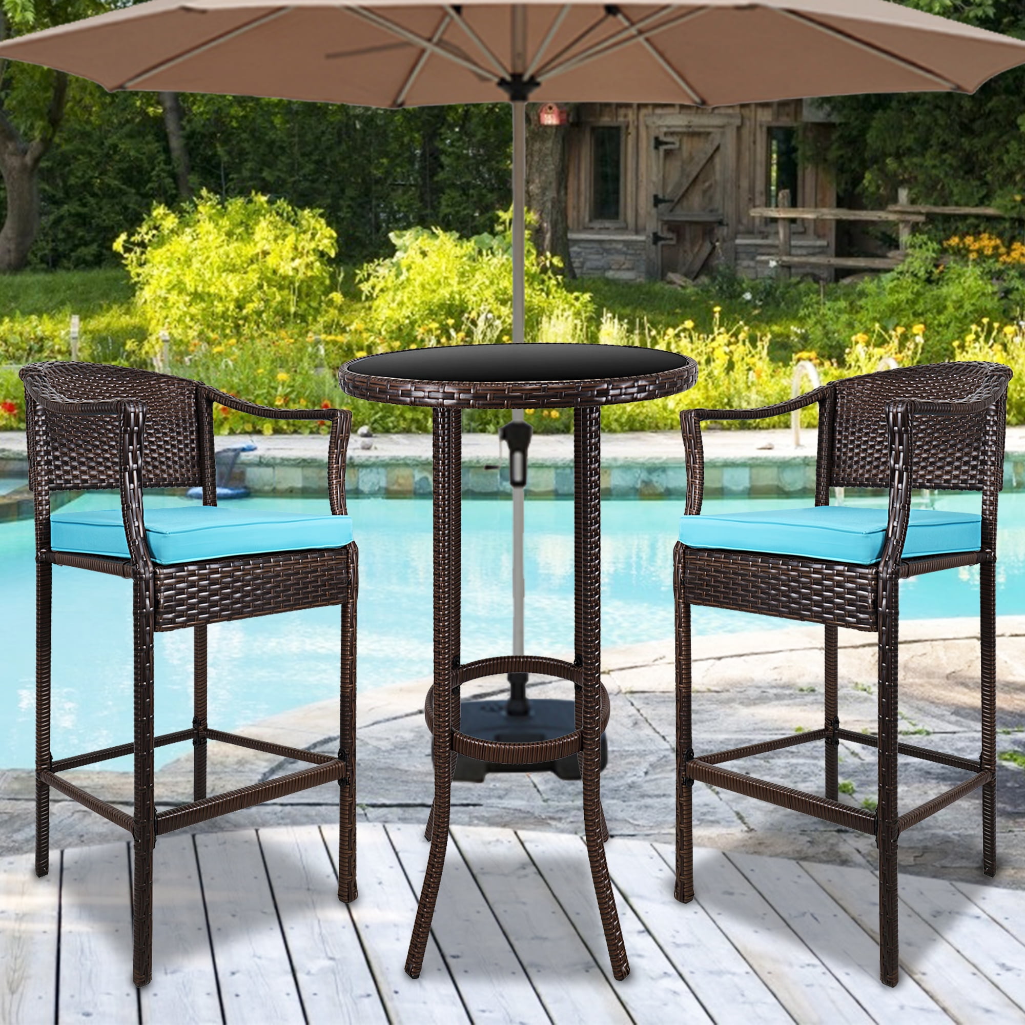 Segmart 3 Pieces Outdoor Bistro Patio Bar Furniture Set, Outdoor Height Bar Bistro Table Set with High Top Table and 2 Pieces High Chair, PE Wicker Rattan Bar Chairs Set with Cushion for Poolside, SS300
