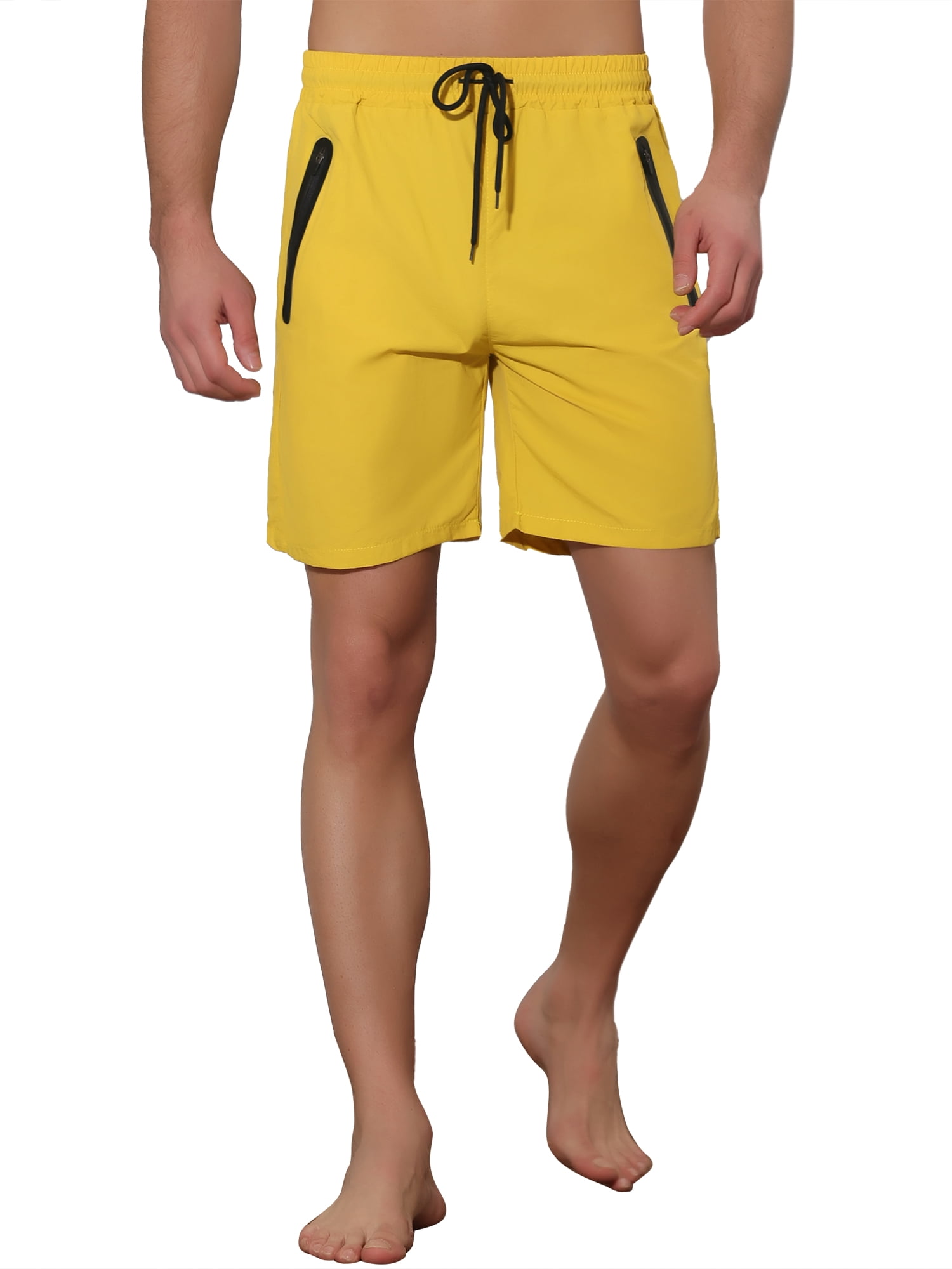 Unique Bargains Men's Solid Color Elastic Waistband Lightweight Swimwear Shorts 34 Yellow