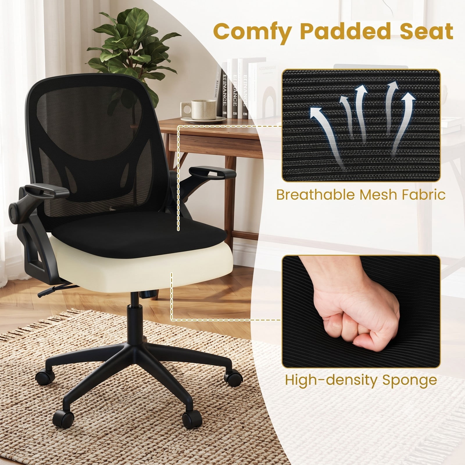 Furnibear Ergonomic Computer Desk Chair, Mesh Home Office Task Chair with Lumbar Support, 90 Degree Flip-up Armrests, Height Adjustable Swivel Rocking Chair, Black