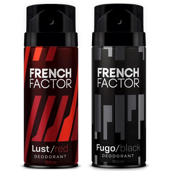 French Factor Lust Red + Fugo Black Deodorant Spray For Men Combo Pack Of 2 X 150ml - 5.07 Fl.oz. Each | Long Lasting Deo For Boys - With Grapefruit, Lavender, Gardenia & Cedar Notes | Skin Friendly