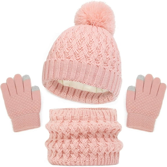 Kids Winter Beanie Hat Scarf and Touchscreen Gloves Set,Fleece Lining Beanie Hat Knit Gloves Neck Warmer for Children 2-8