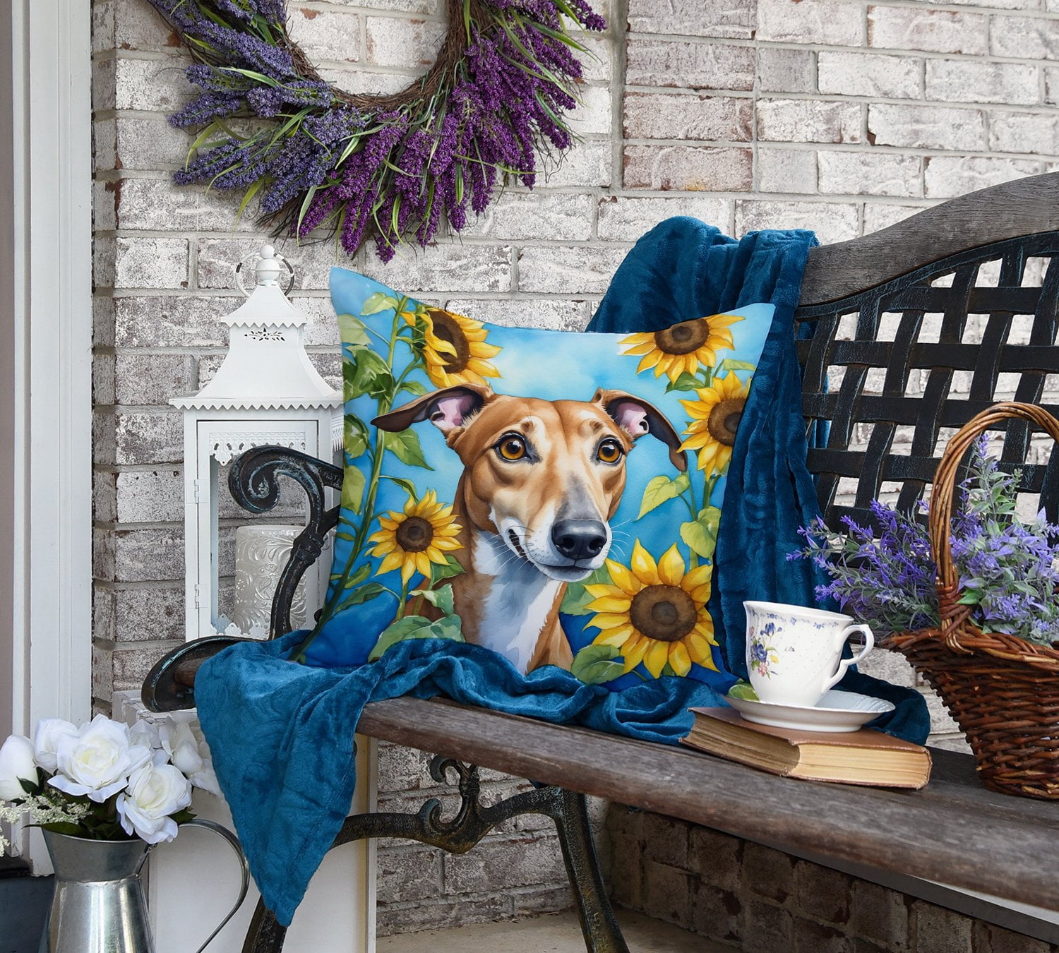 Greyhound in Sunflowers Throw Pillow 18 in x 18 in