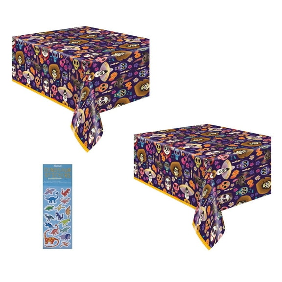 Coco Party Supplies Bundle Pack Includes 2 Plastic Table Covers and 1 Dinosaur Sticker Sheet