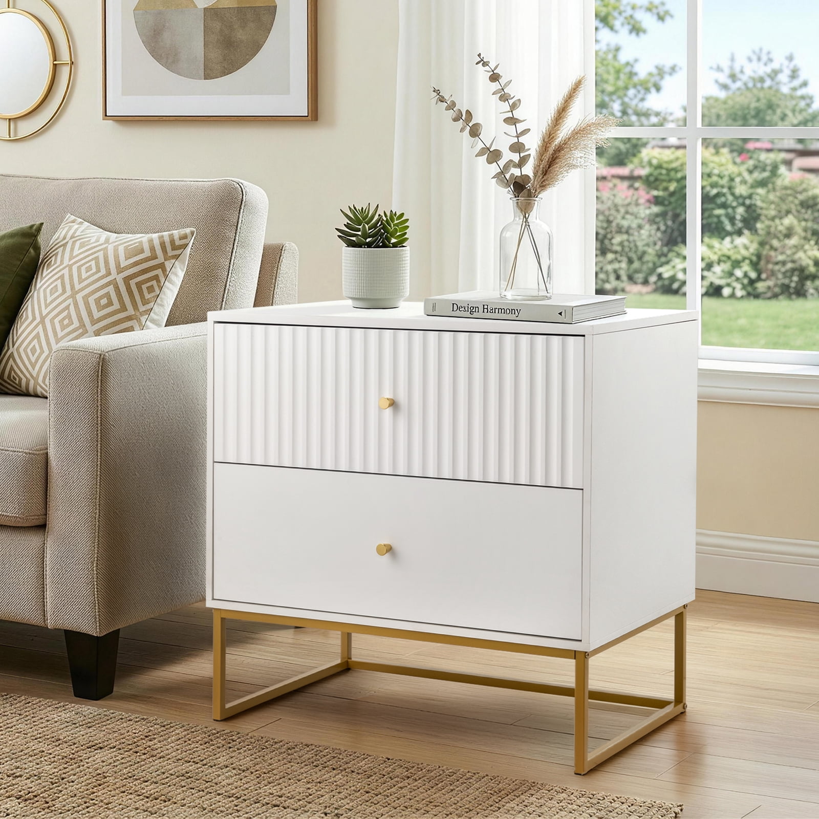 Ktaxon Solid Wood Nightstand with 2 Drawer  Modern Side End Table, for Bedroom, White Nightstand