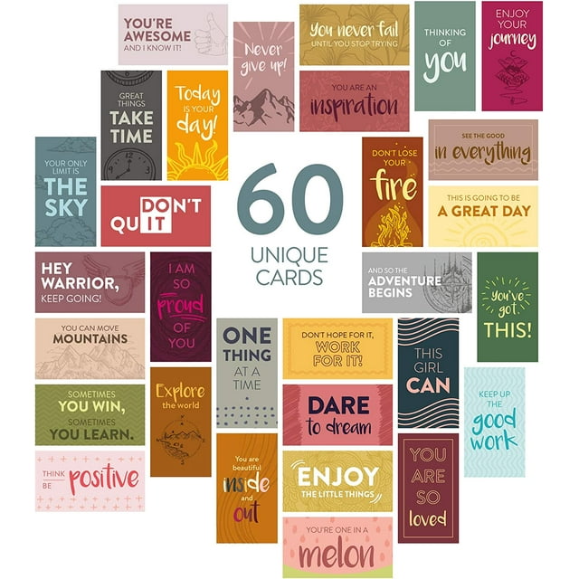 xianyou-60 Pack Assorted Motivational Cards - Inspirational and Kindness Mini Note Cards, Gratitude Encouragement Card Set with 60 Unique Motivational Quotes Business Card Size (Assorted)