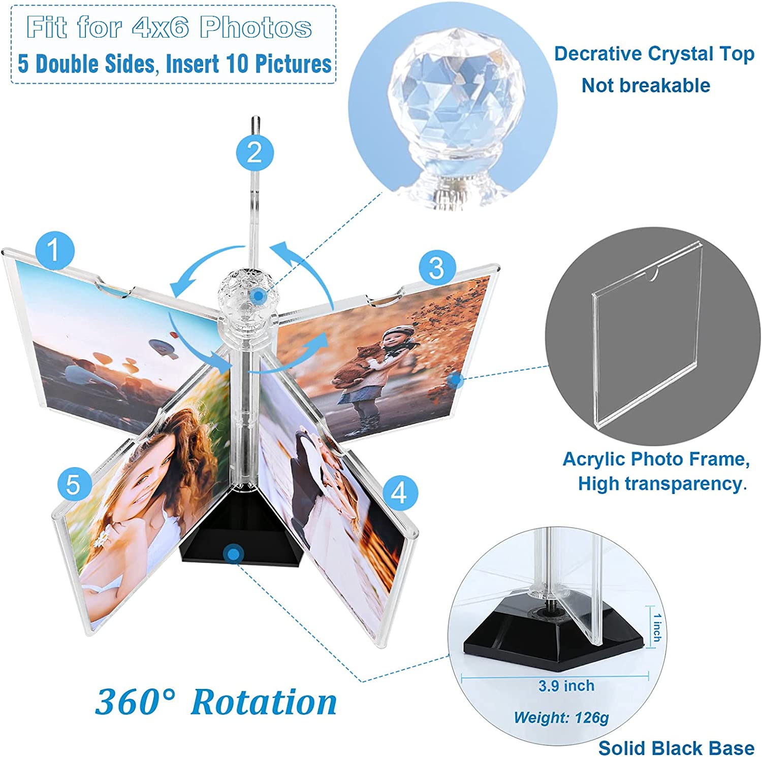 Buy ZEEYUAN Rotating Acrylic Photo Frame DIY Multiple Picture Frame 5 ...
